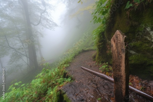 trail marker pointing in the direction of hidden waterfall, with mist visible, created with generative ai