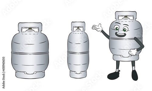  Kitchen gas cylinder mascot. Set of two gas cylinders and a happy and cute little mascot. Vector illustration isolated on transparent background.