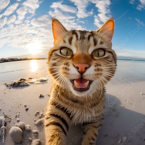 Playful cat on a secluded beach The perfect combination of feline grace and coastal calm. Generative AI  © Varaporn