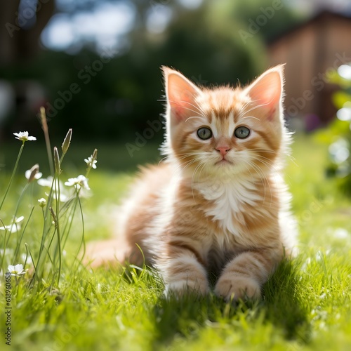 The grace and cuteness of cats on the green lawn A harmonious encounter with nature. Sitting and waiting for the owner to return home intently. Generative AI 
