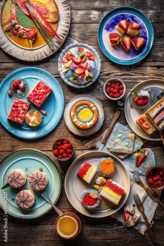 plates with colorful 4th of july themed desserts on a picnic table, created with generative ai