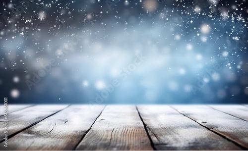 An illustration of a beautiful winter snowy blurred defocused blue background with an empty wooden flooring. Flakes of snowfall sparkle in the light. Created with Generative AI technology