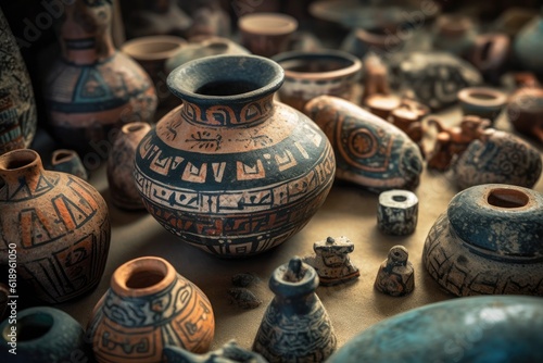 close-up of ancient pottery symbols and inscriptions, created with generative ai