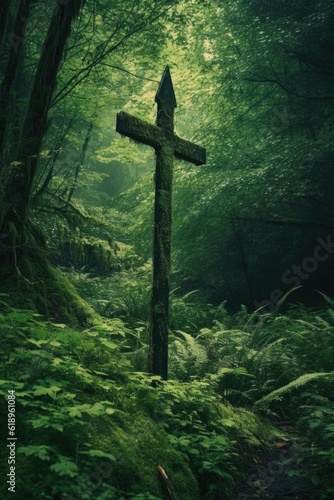 arrow signpost in a lush green forest, created with generative ai