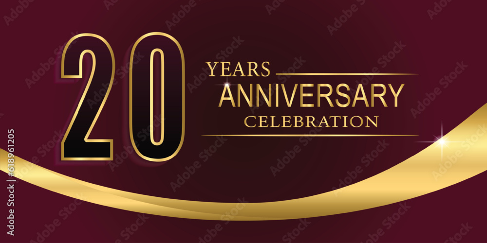 Obraz premium 20th Year anniversary celebration background. Golden lettering and a gold ribbon on dark background,vector design for celebration, invitation card, and greeting card.
