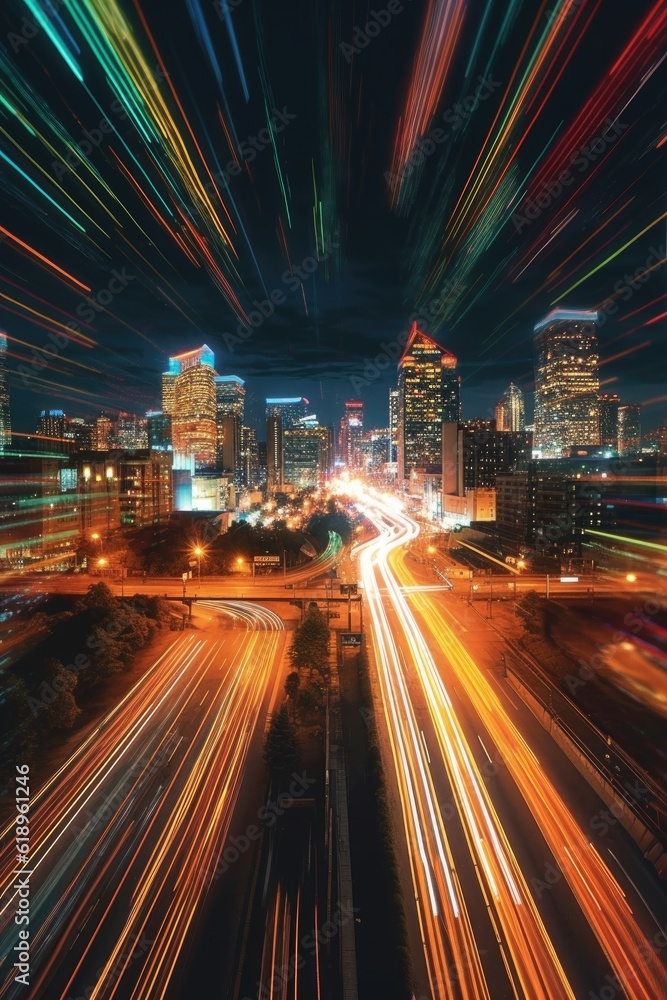 Obraz premium blurred motion of city lights at night, created with generative ai
