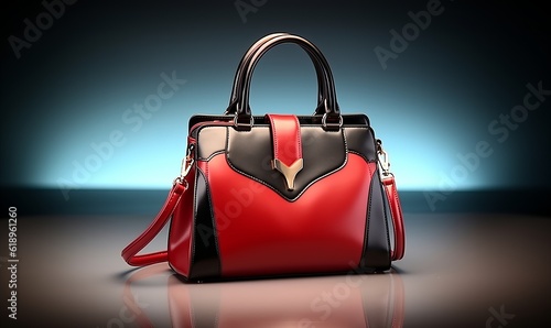 A beautiful women's handbag, featuring a trendy and smooth design in striking red and black colors, captured against a light studio background. Created with Generative AI technology