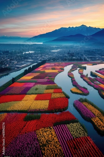 aerial view of colorful tulip fields in bloom, created with generative ai © Alfazet Chronicles