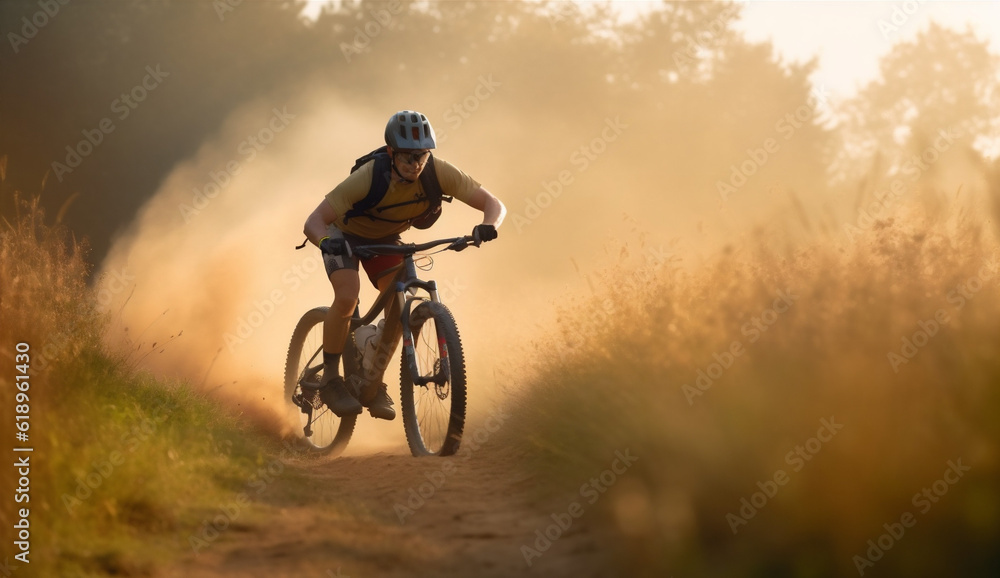 Naklejka premium woman sunset dark forest bicycle leisure summer cycling sport walking bike. Generative AI.