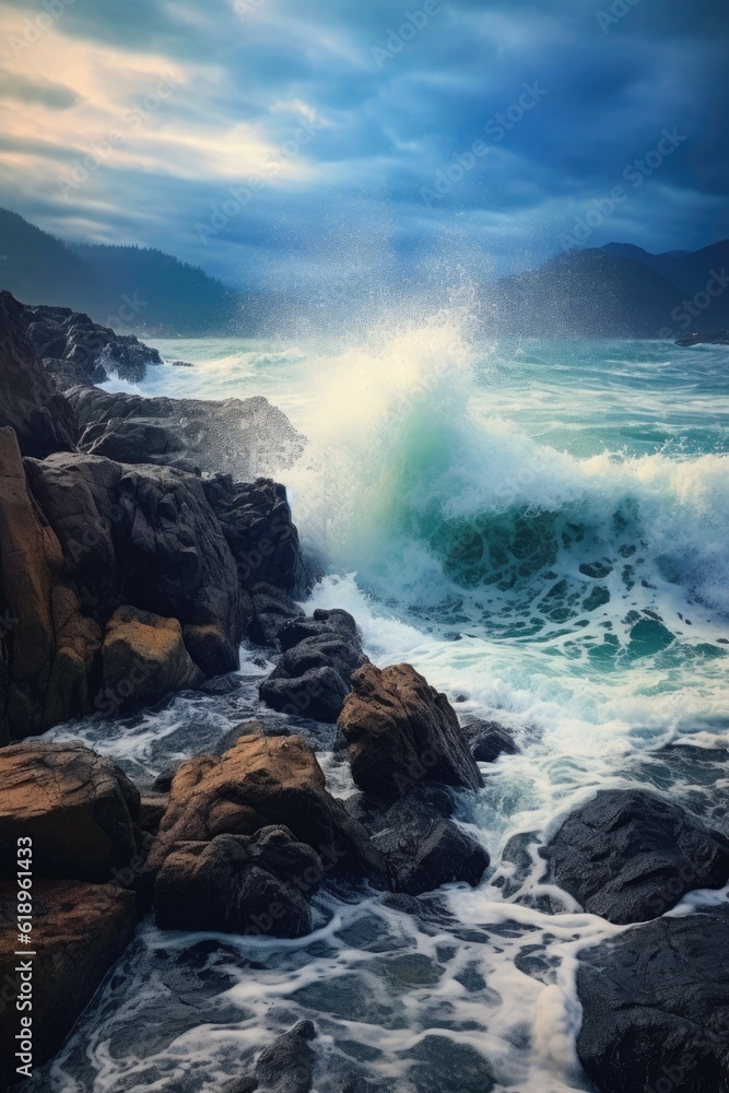 Obraz premium blue ocean waves crashing against rocks, created with generative ai