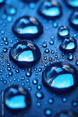close-up of water droplets on blue glass, created with generative ai
