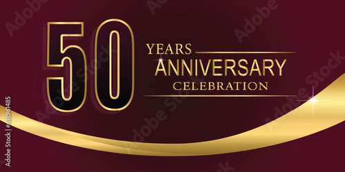 50th Year anniversary celebration background. Golden lettering and a gold ribbon on dark background,vector design for celebration, invitation card, and greeting card.