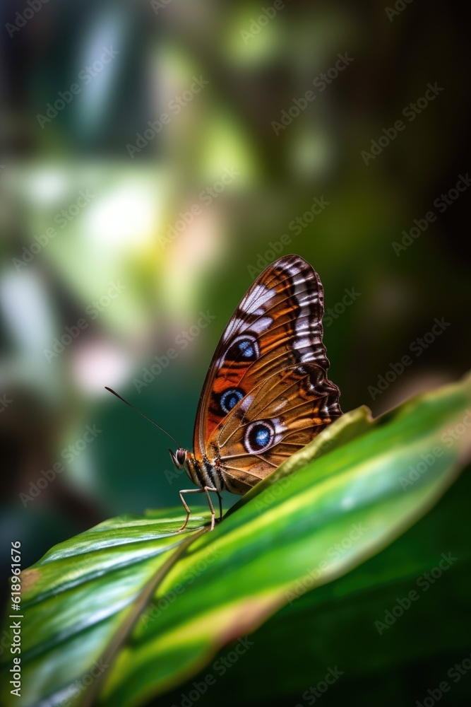 Obraz premium butterfly resting on a leaf with blurred background, created with generative ai