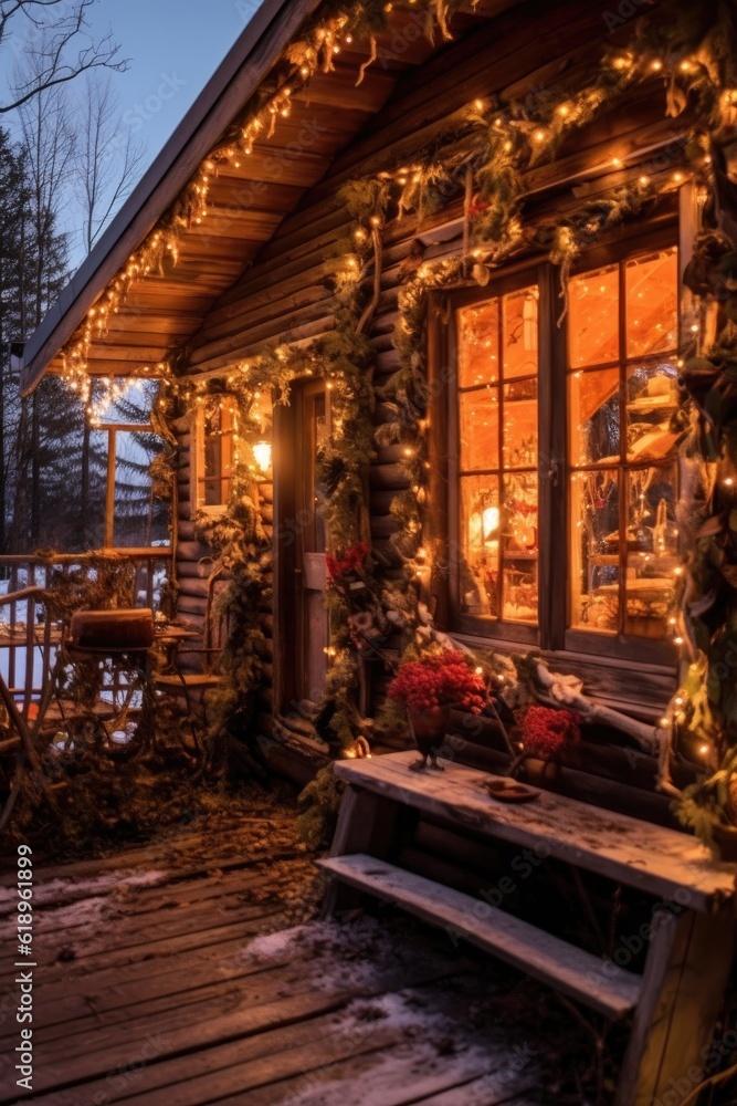 christmas lights decorating a rustic wooden cabin, created with generative ai