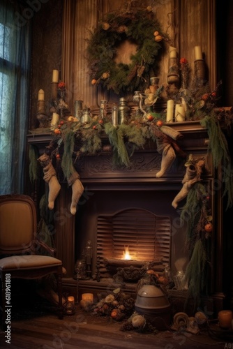 warm fireplace with stockings and garland, created with generative ai