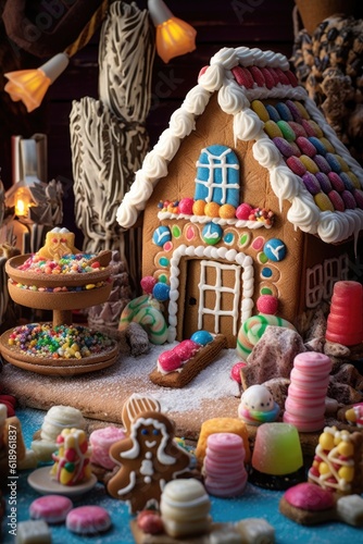 gingerbread house surrounded by holiday treats, created with generative ai