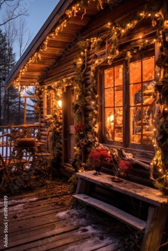 christmas lights decorating a rustic wooden cabin  created with generative ai
