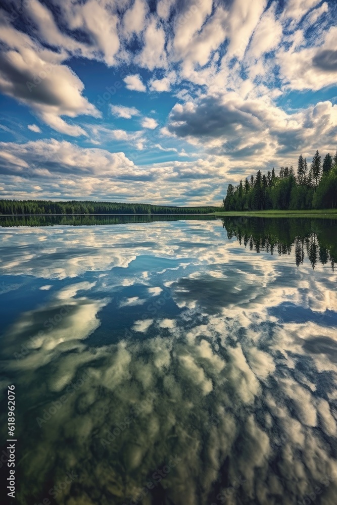 Obraz premium clouds reflecting in a calm lake surface, created with generative ai