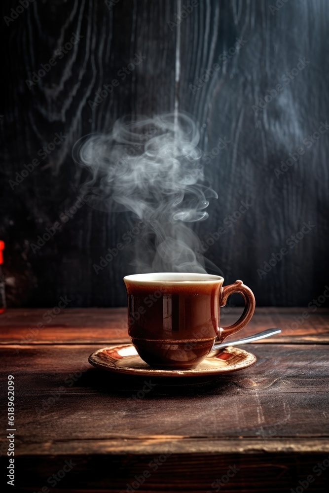 steaming cup of black coffee on a wooden table, created with generative ai steaming cup of black coffee on a wooden table, created with generative ai