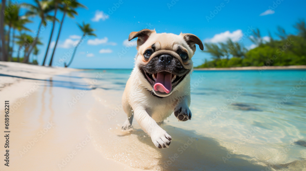 沖縄のエメラルドグリーンビーチを爽快に駆け抜けるパグ犬, with Generative AI