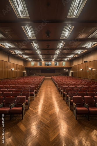 empty auditorium with rows of seats and stage, created with generative ai