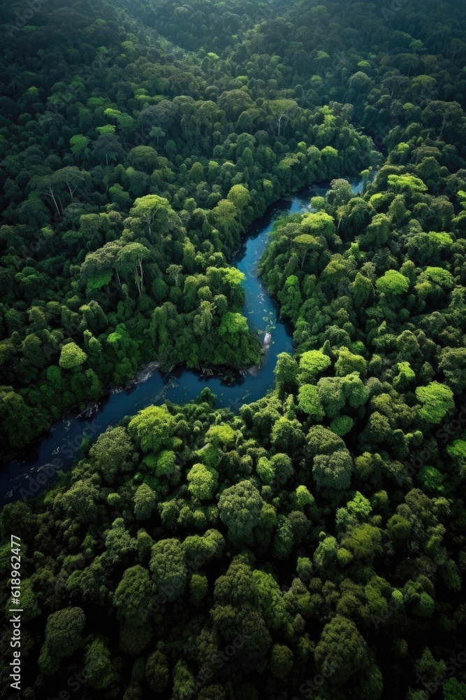 aerial view of lush green forests and rivers, created with generative ai