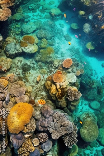 top-down view of vibrant coral reefs in crystal clear water, created with generative ai
