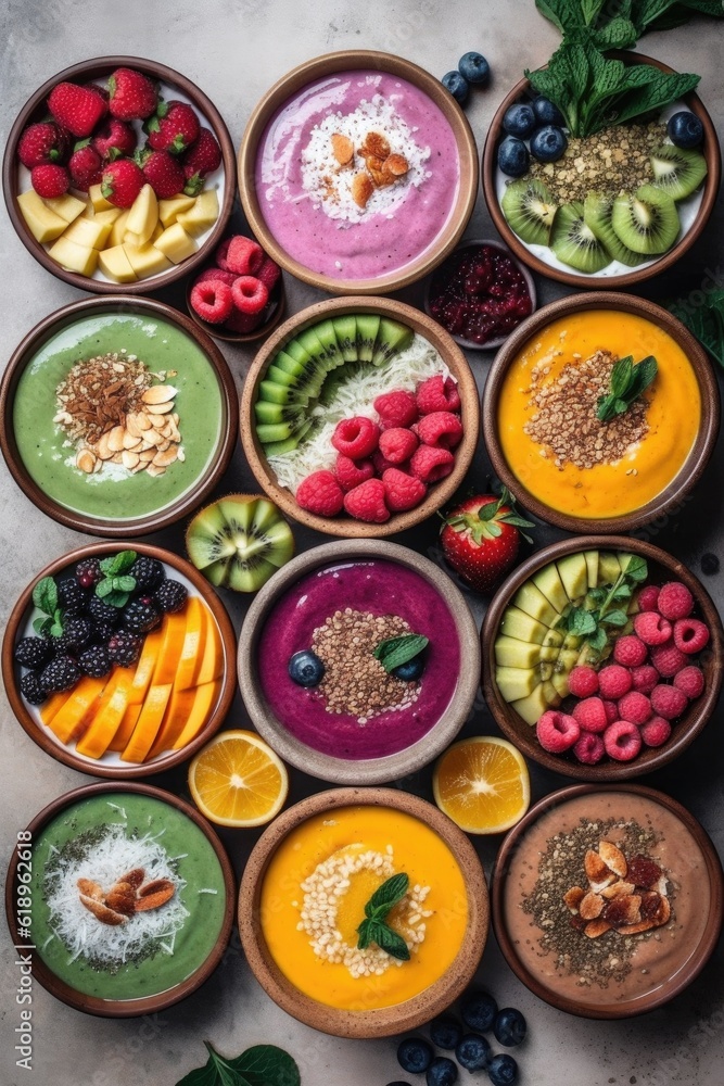 healthy smoothie bowls with assorted toppings, created with generative ai healthy smoothie bowls with assorted toppings, created with generative ai