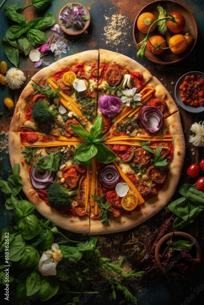 homemade pizza with various toppings and basil, created with generative ai