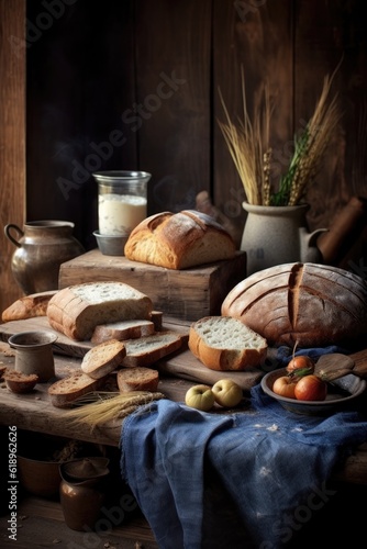 freshly baked bread on rustic wooden table, created with generative ai