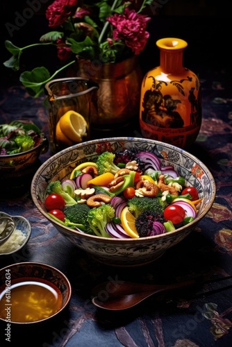 bowl of vibrant mixed salad with dressing, created with generative ai