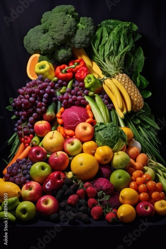 colorful fruits and vegetables arranged in a rainbow  created with generative ai