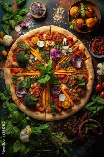 homemade pizza with various toppings and basil, created with generative ai