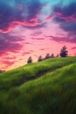 serene grassy hill against a colorful sunset sky, created with generative ai