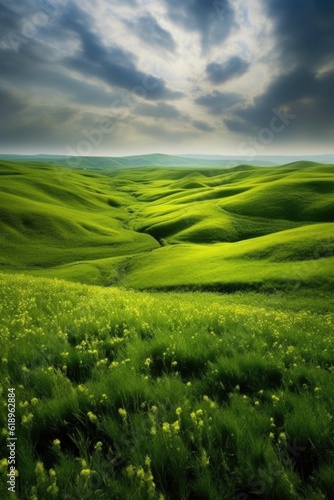 rolling hills covered in lush green grass, created with generative ai