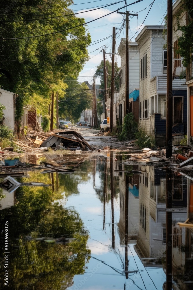 flooded streets and floating debris after hurricane, created with generative ai flooded streets and floating debris after hurricane, created with generative ai