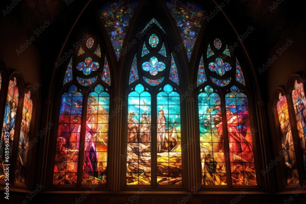 majestic stained glass windows casting colorful light, created with generative ai