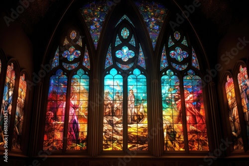 majestic stained glass windows casting colorful light  created with generative ai