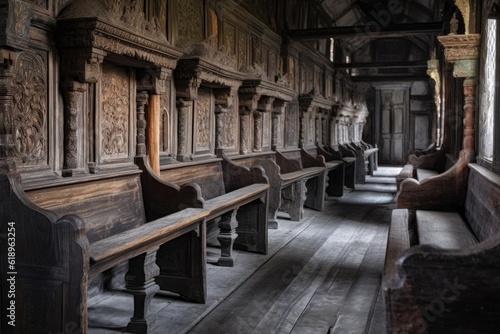 ancient wooden pews with ornate carvings  created with generative ai