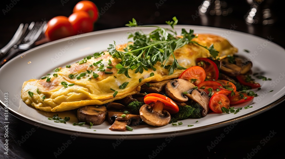 A close-up of a gourmet omelet with a side of roasted vegetables and artisan bread. Generative AI. A close-up of a gourmet omelet with a side of roasted vegetables and artisan bread. Generative AI.