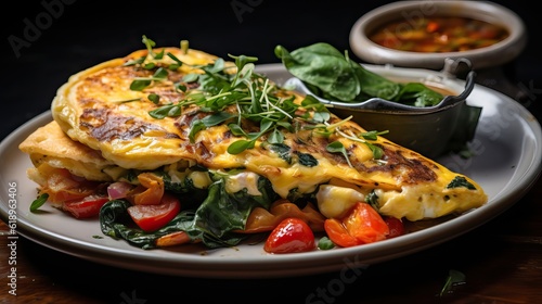 A close-up of a gourmet omelet with a side of roasted vegetables and artisan bread. Generative AI.