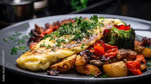 A close-up of a gourmet omelet with a side of roasted vegetables and artisan bread. Generative AI.