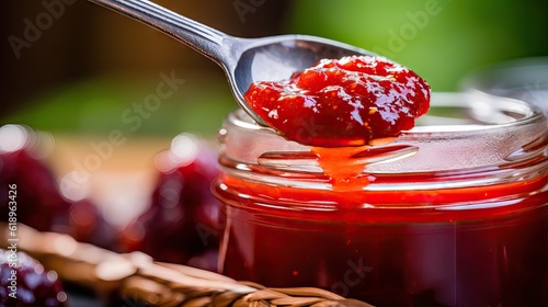 A close-up of a spoonful of fresh jam, with blurry glass jars in the background. Generative AI.