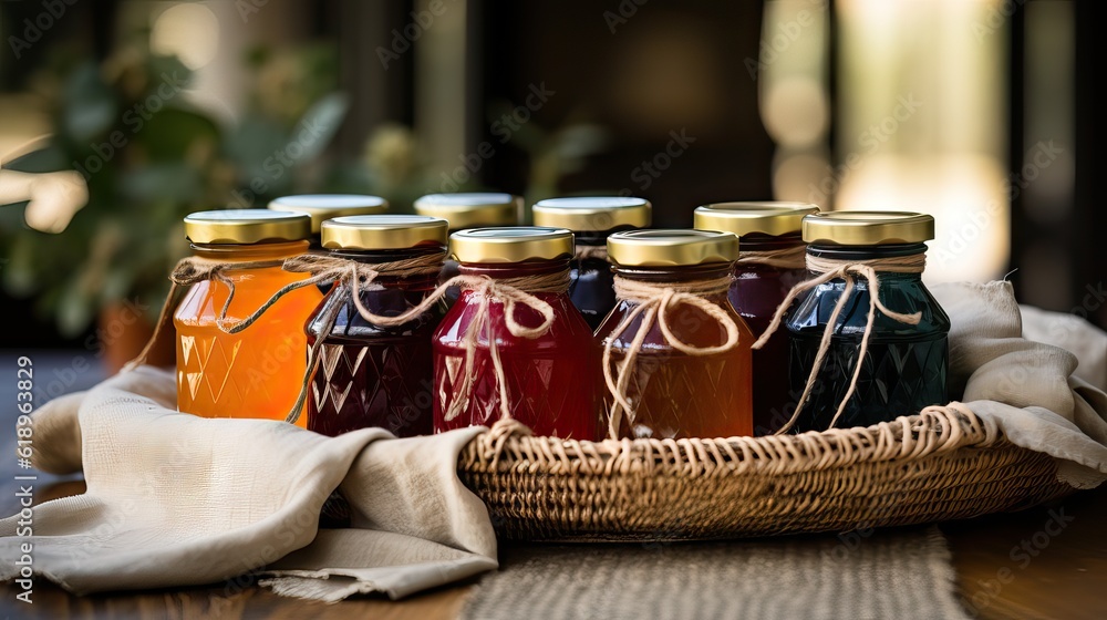 A rustic basket filled with jars of homemade jam, ready for gifting or selling. Generative AI. A rustic basket filled with jars of homemade jam, ready for gifting or selling. Generative AI.