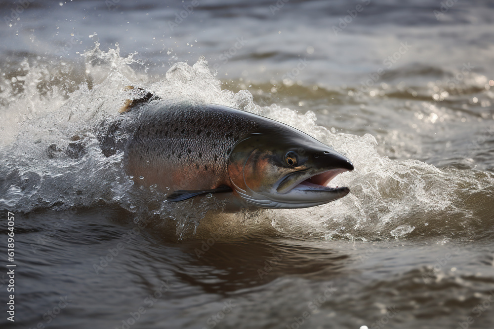 Obraz premium Salmon jumping out of the water in the river with splash water. Underwater animals. Illustration, Generative AI.