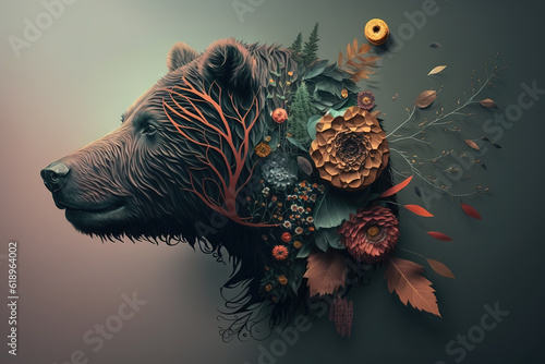Image of a bear surrounded by colorful tropical flowers. Wildlife Animals. Illustration, Generative AI.