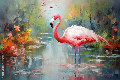 Beautiful painting of flamingo standing in the swamp in the forest. Bird  Wildlife Animals. Illustration  Generative AI.