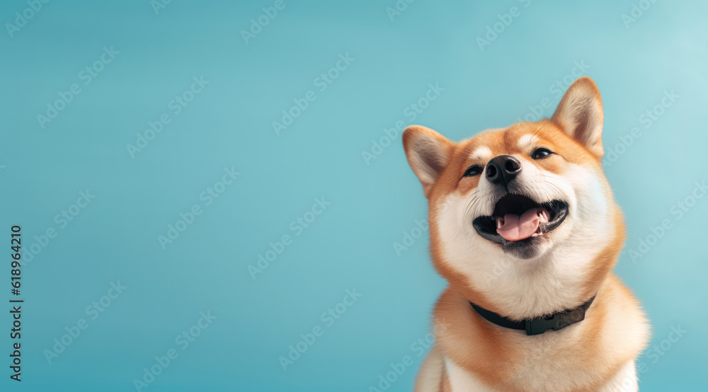 Happy dog smiling on blue background