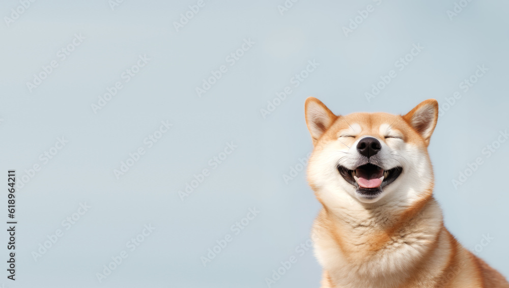 Happy dog smiling on grey background