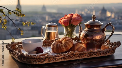 An elegant breakfast tray with a croissant, fresh berries, and a teapot, overlooking a city. Generative AI.